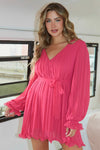 Button Front Long Sleeve Pleated Mini Dress