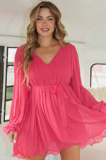 Button Front Long Sleeve Pleated Mini Dress