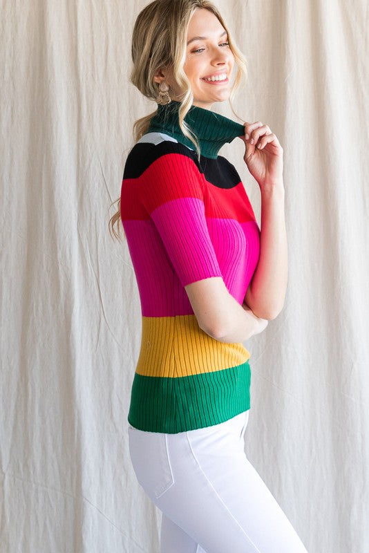 Colorful Ribbed Striped Turtleneck