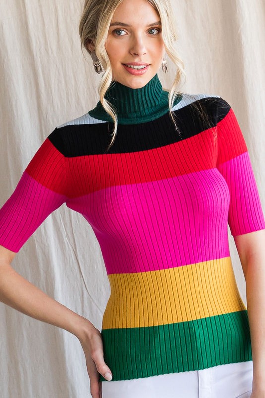 Colorful Ribbed Striped Turtleneck