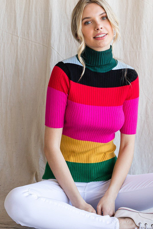 Colorful Ribbed Striped Turtleneck
