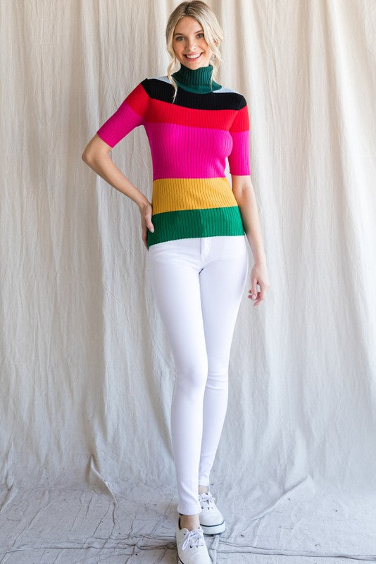 Colorful Ribbed Striped Turtleneck
