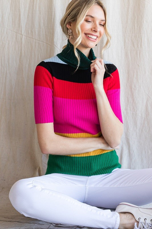 Colorful Ribbed Striped Turtleneck