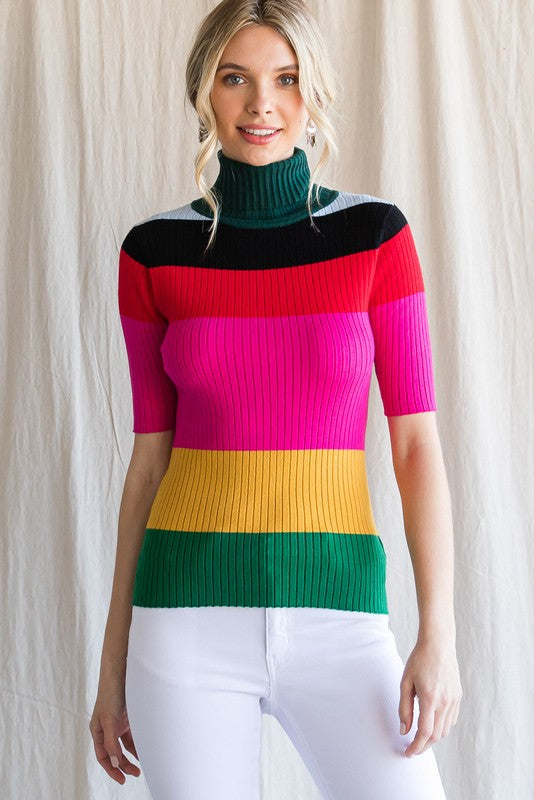 Colorful Ribbed Striped Turtleneck