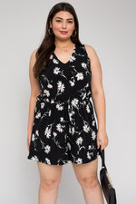 V-Neck Floral Print Elastic Waist Romper (Plus Size)