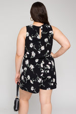 V-Neck Floral Print Elastic Waist Romper (Plus Size)