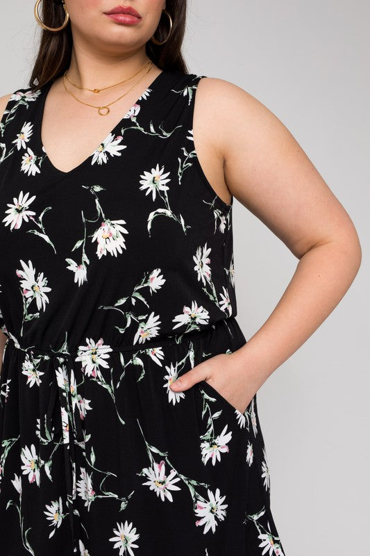 V-Neck Floral Print Elastic Waist Romper (Plus Size)