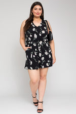 V-Neck Floral Print Elastic Waist Romper (Plus Size)