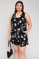 V-Neck Floral Print Elastic Waist Romper (Plus Size)