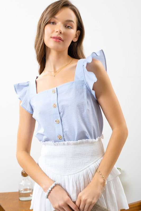 Button Front Ruffle Sleeve Top (Plus Size)