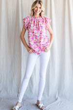 Pink Floral Ruffle Cap Sleeve Top