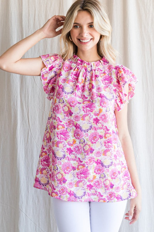 Pink Floral Ruffle Cap Sleeve Top