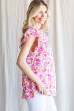 Pink Floral Ruffle Cap Sleeve Top