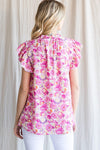 Pink Floral Ruffle Cap Sleeve Top