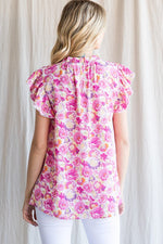 Pink Floral Ruffle Cap Sleeve Top