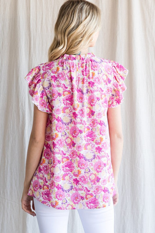 Pink Floral Ruffle Cap Sleeve Top