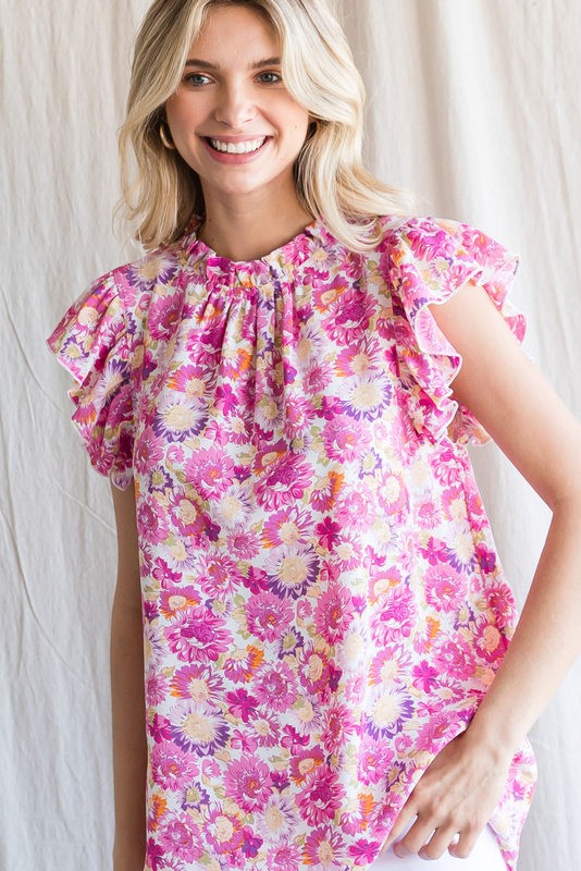 Pink Floral Ruffle Cap Sleeve Top