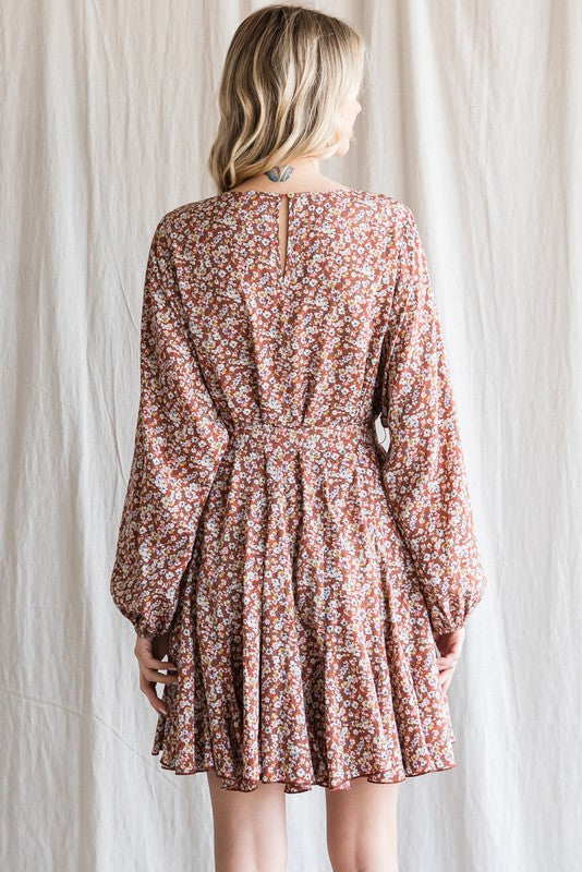 Long Sleeve Tiered Hem Floral Print Dress