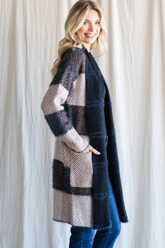 Checkered Fold Over Collar Knit Cardigan