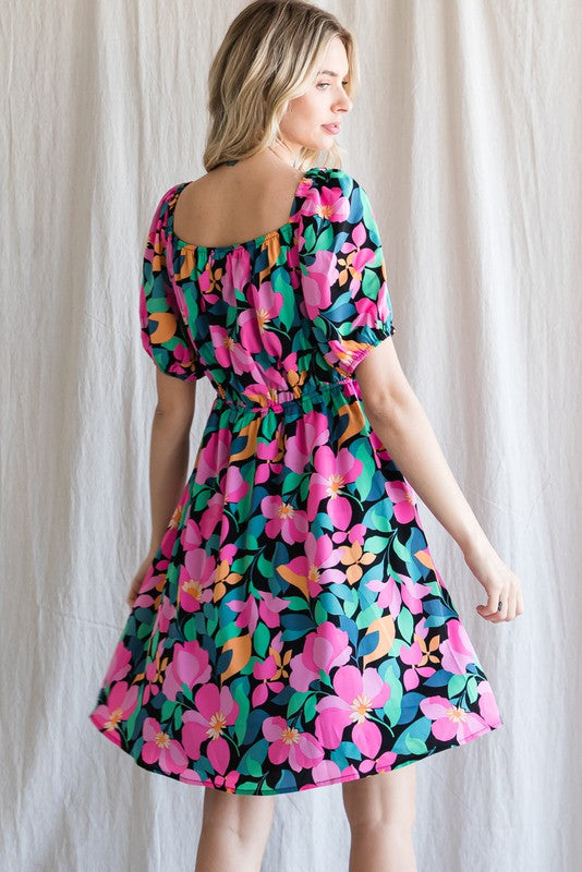Floral Print Button Front Square Neck Dress