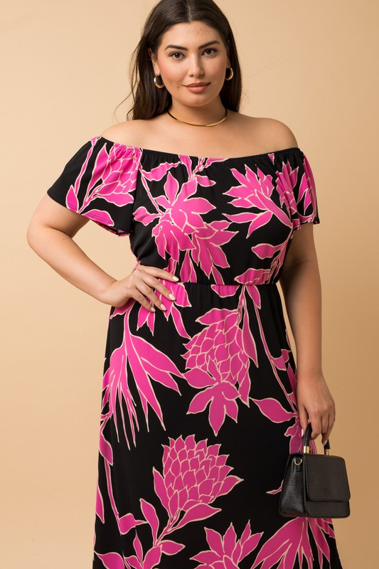 Off Shoulder Fuchsia Floral Maxi Dress (Plus Size)