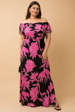 Off Shoulder Fuchsia Floral Maxi Dress (Plus Size)