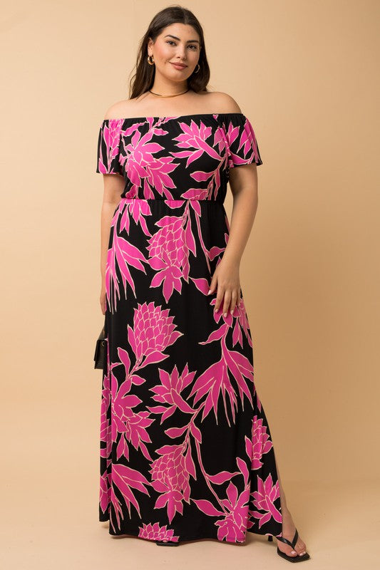 Off Shoulder Fuchsia Floral Maxi Dress (Plus Size)