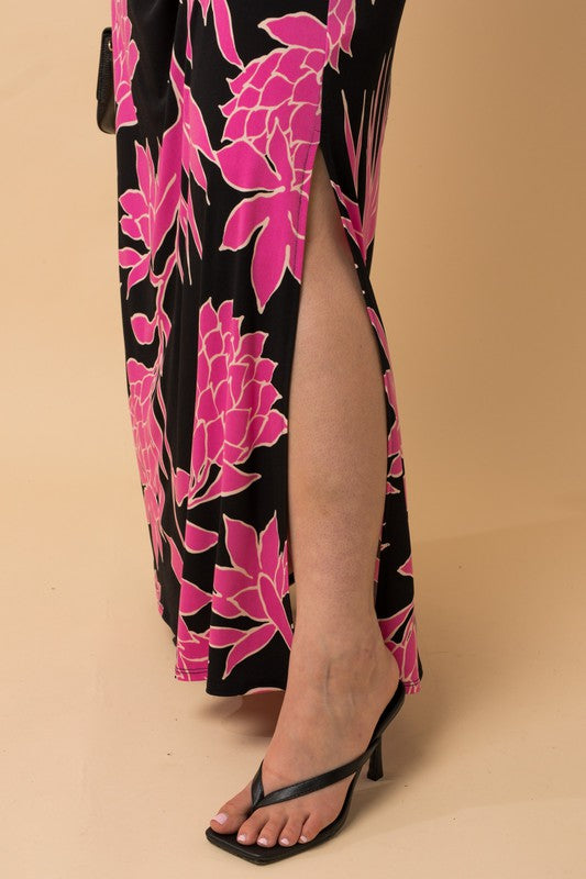 Off Shoulder Fuchsia Floral Maxi Dress (Plus Size)