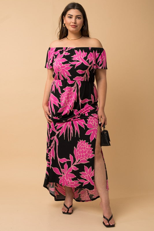 Off Shoulder Fuchsia Floral Maxi Dress (Plus Size)