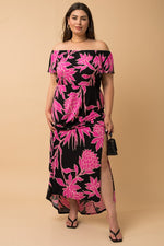 Off Shoulder Fuchsia Floral Maxi Dress (Plus Size)