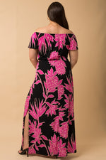 Off Shoulder Fuchsia Floral Maxi Dress (Plus Size)