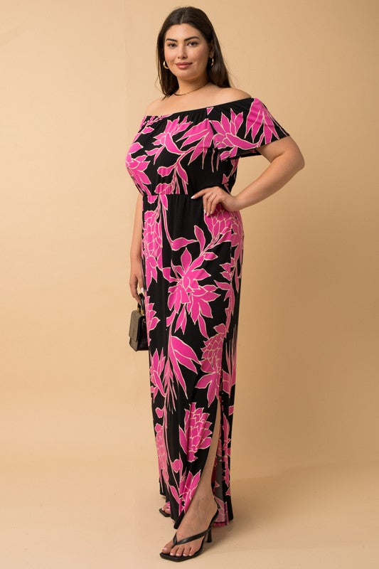 Off Shoulder Fuchsia Floral Maxi Dress (Plus Size)