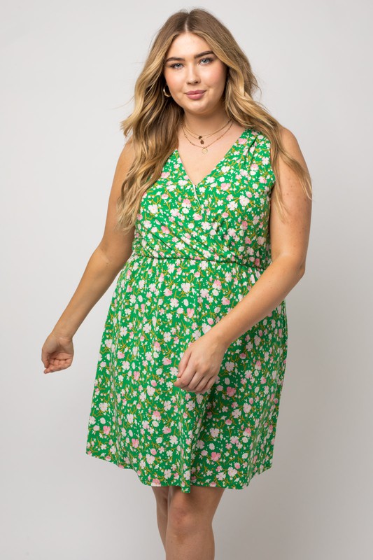 Faux Wrap Green Floral Dress (Plus Size)