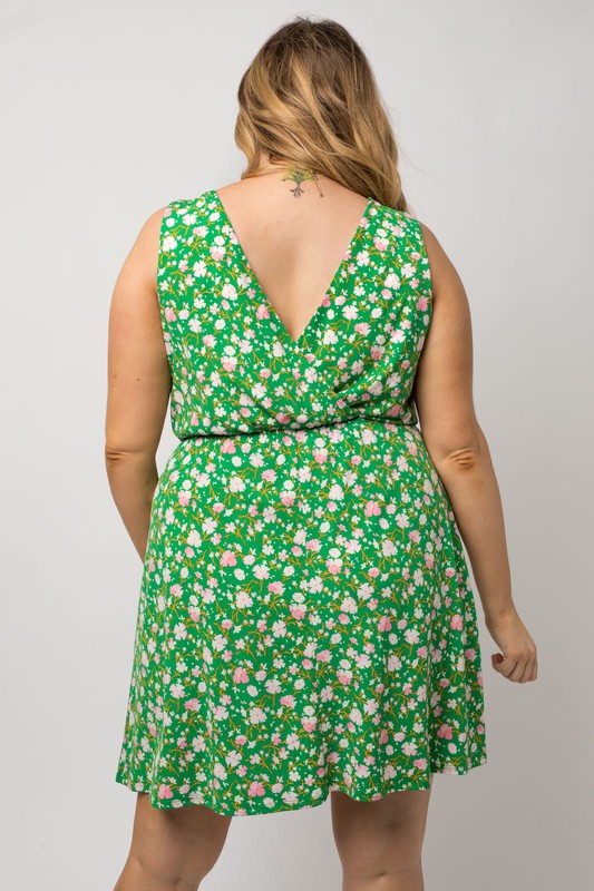 Faux Wrap Green Floral Dress (Plus Size)