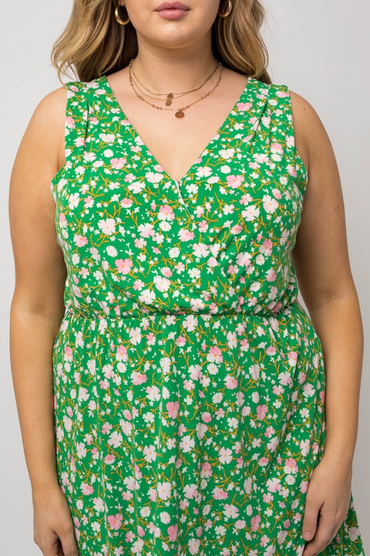 Faux Wrap Green Floral Dress (Plus Size)