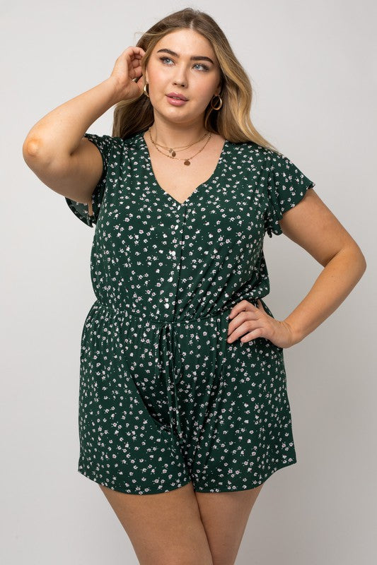 V-Neck Button Detail Romper (Plus Size)