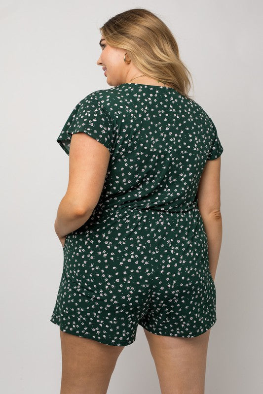 V-Neck Button Detail Romper (Plus Size)