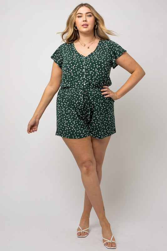 V-Neck Button Detail Romper (Plus Size)