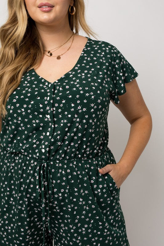V-Neck Button Detail Romper (Plus Size)