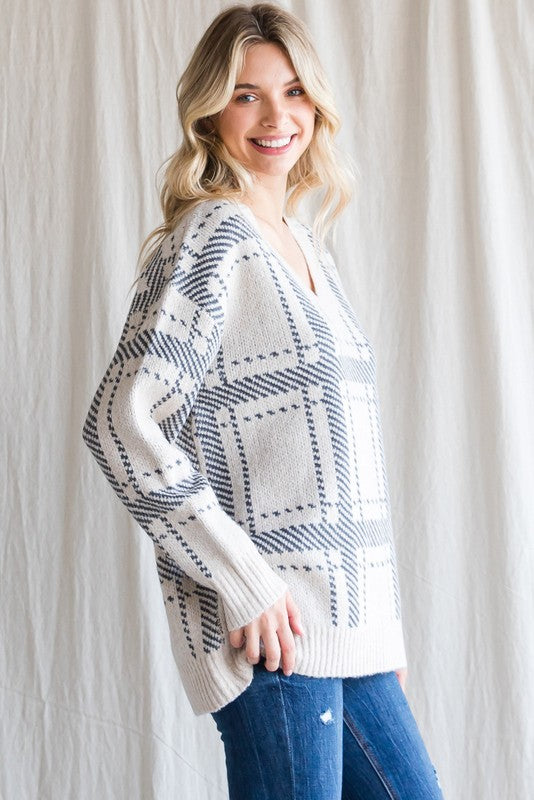 V-Neck Check Print Pullover Sweater
