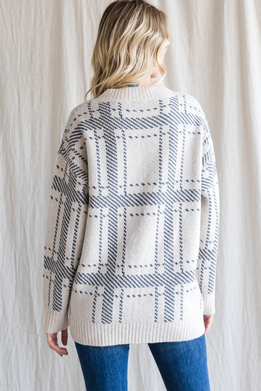 V-Neck Check Print Pullover Sweater