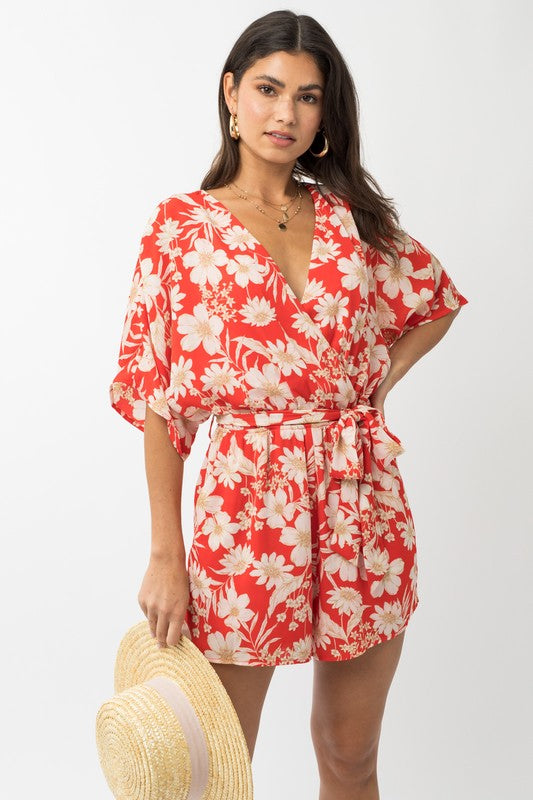 Short Sleeve Surplice Floral Print Romper