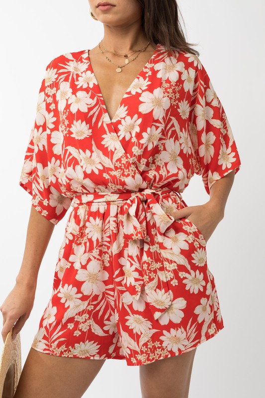 Short Sleeve Surplice Floral Print Romper