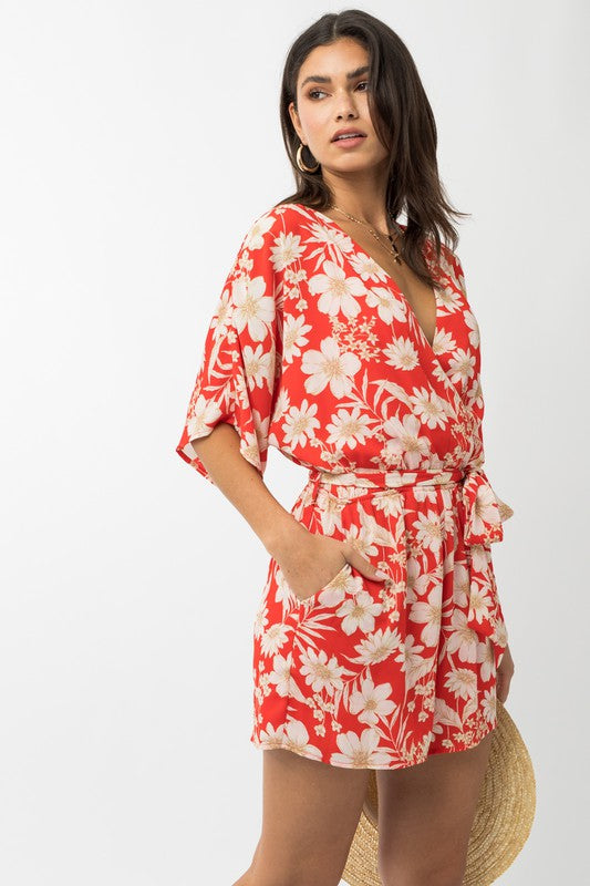 Short Sleeve Surplice Floral Print Romper