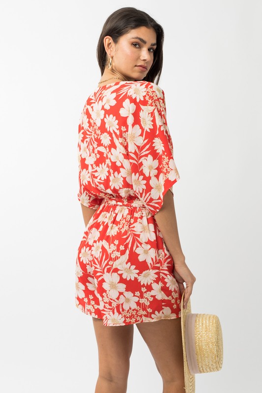 Short Sleeve Surplice Floral Print Romper