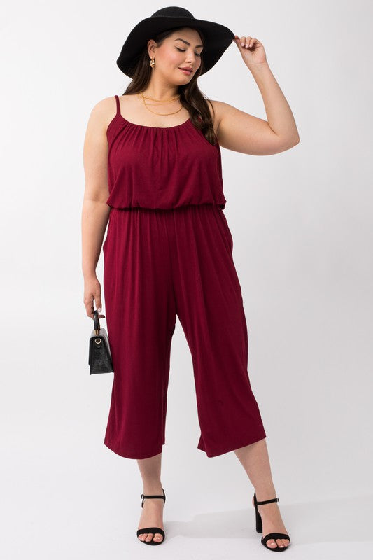 Cropped Spaghetti Strap Ribbed Jumpsuit (Plus Size)