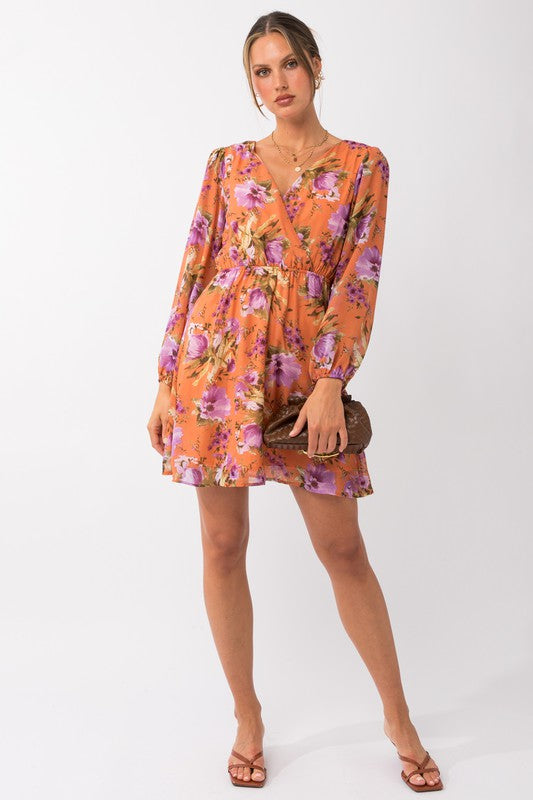 Long Sleeve Bold Floral Print Dress