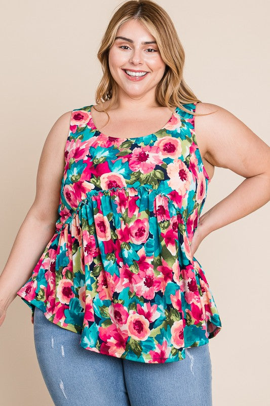 Floral Print Babydoll Tank Top (Plus Size)