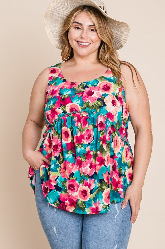 Floral Print Babydoll Tank Top (Plus Size)