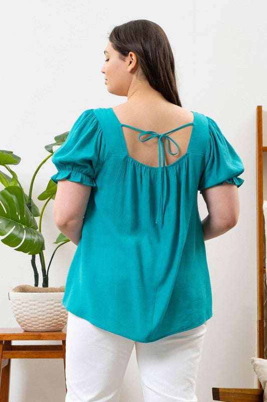 Scalloped Square Neck Crochet Trim Top (Plus Size)